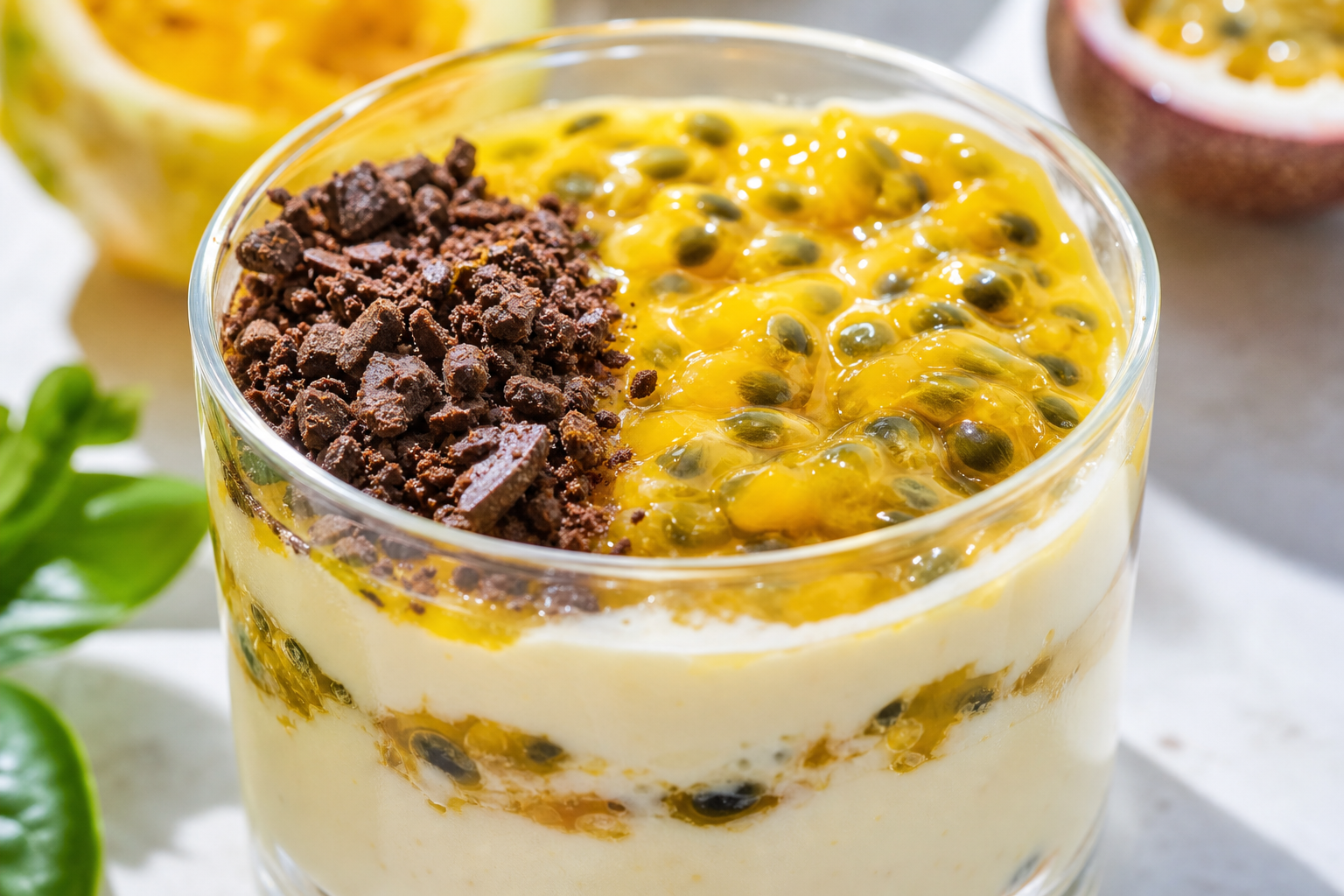 Postre Maracuyá Tropical con yogurt y chocolate